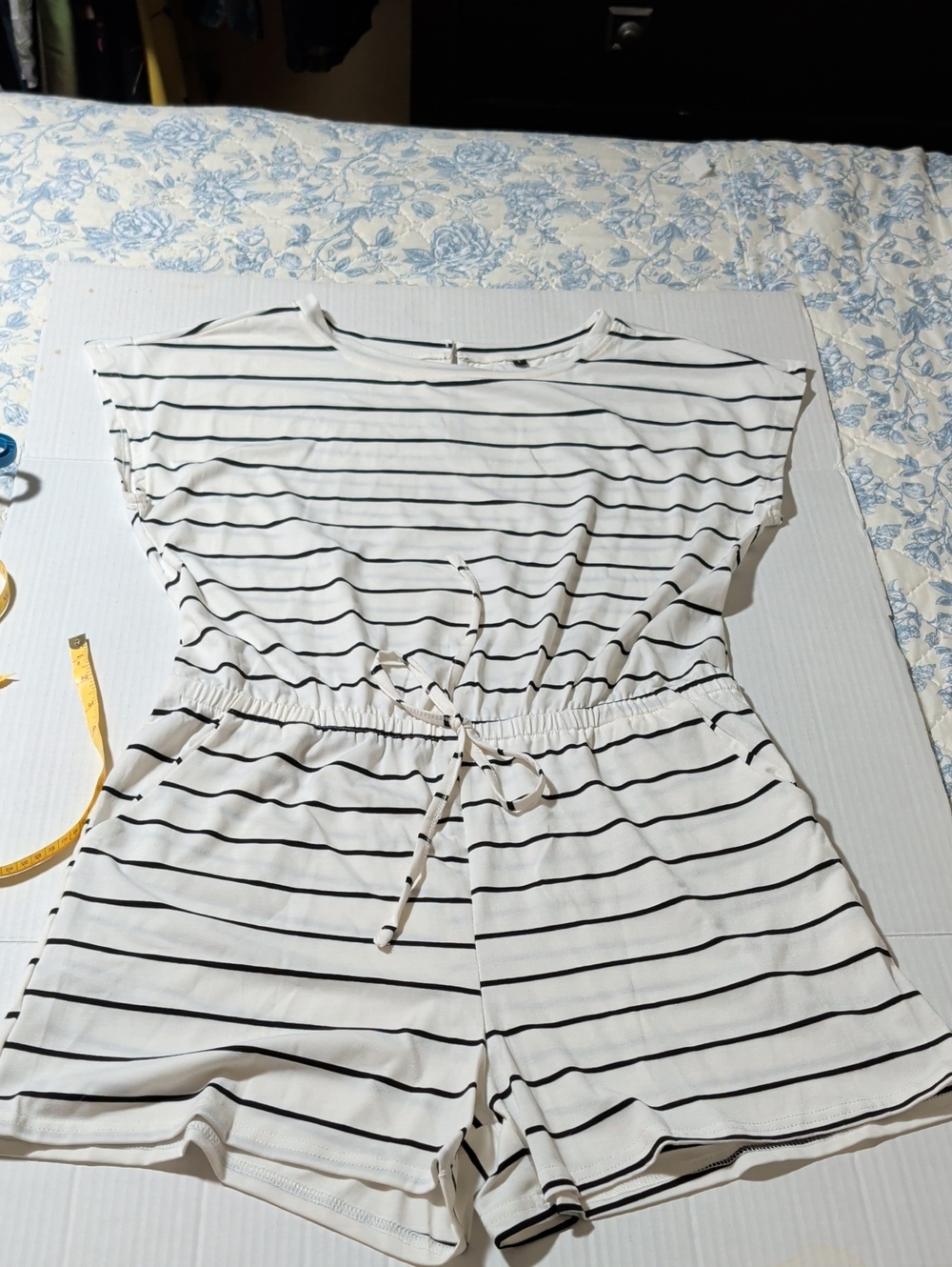 Source Unknown White Romper with Black Stripes
